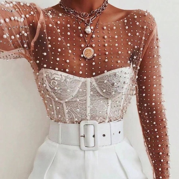 New to Posh C 🔆| Euro Style Sheer Pearl Elegant Sparkle Top - Picture 1 of 7